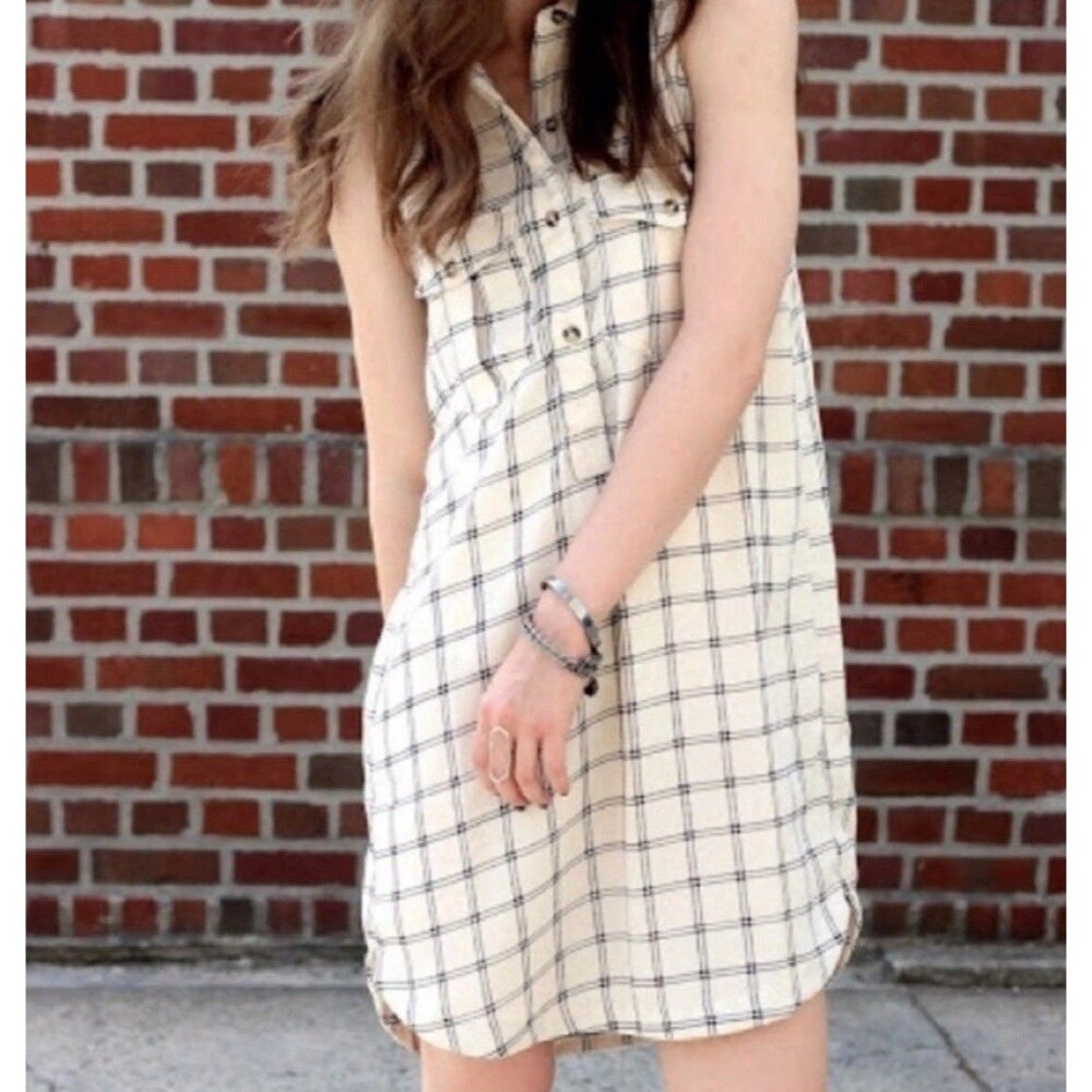 Abercrombie & Fitch Plaid Sleeveless Collared Blouson Dress Ivory/Navy- M